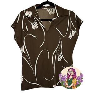 VTG 70s Mardi Modes New York Brown Floral Knit V-Neck Short Sleeve Top Medium